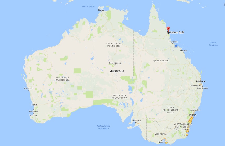 Cairns zaznaczone czerwonym punktem na mapie