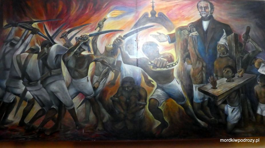 Jeden z obrazów z muzeum prezentujący tyranię hiszpanów wobec Majów
