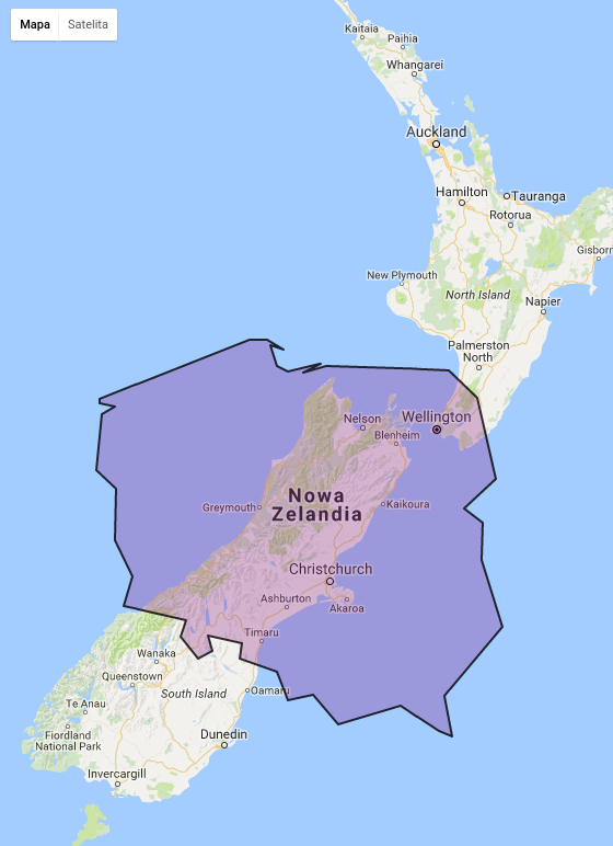 Porównanie powierzchni Nowej Zelandii-268tys km2 do powierzchni Polski-312tys km2