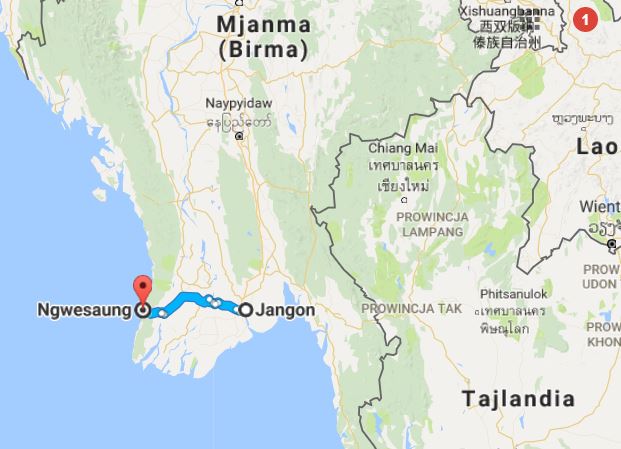 Mapa naszej podróży autobusem z Rangunu do Ngwesaung