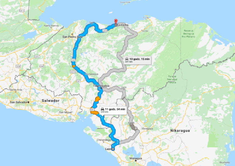 Trasa z La Ceiba w Hondurasie do Leonu w Nikaragui