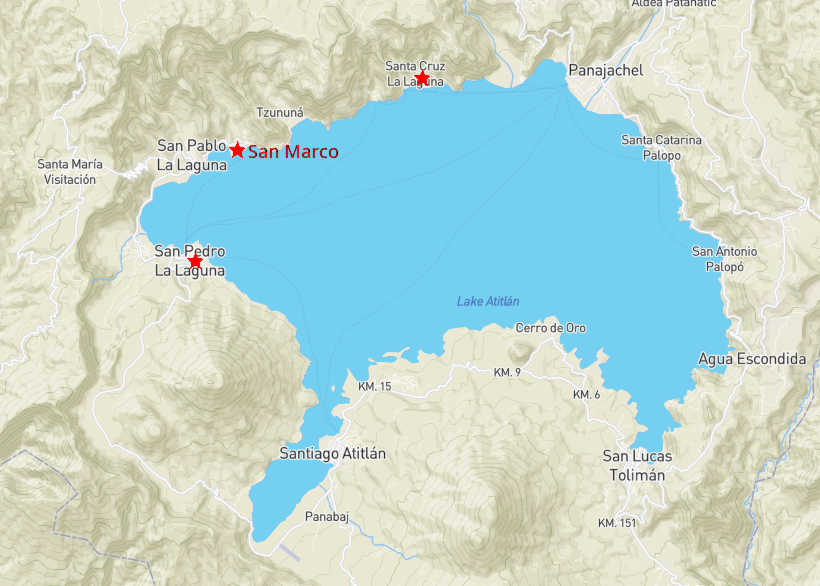 Jezioro Atitlan i zaznaczone miasteczka wokół