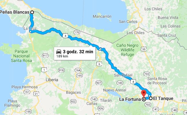 Trasa z granicy w Penas Blancas do La Fortuna